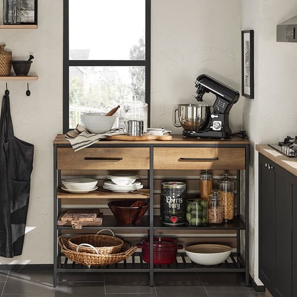 Rootz Kitchen Island - Keittiön hylly - Lipasto - Baaripöytä - Vintage-tyyli - Tilava säilytystila, 5 lokeroa ja 2 laatikkoa - Tukeva metallirunko - S