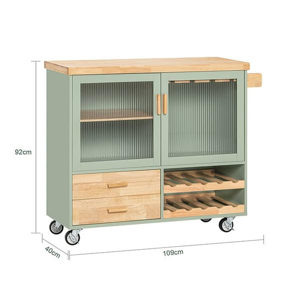 Rootz Keittiövaunu FKW114-GR - Keittiösaari - Senkki - Viinilasiteline - Pullohylly - Kestävä MDF & Bambu - 109cm x 92cm x 40cm