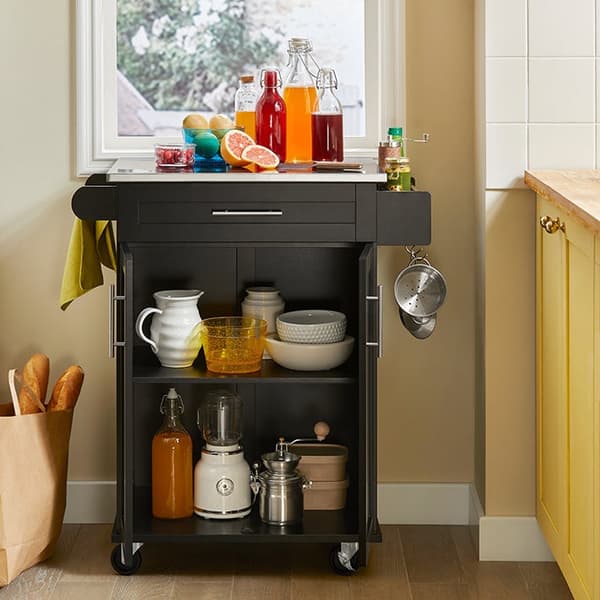 Rootz Modern Kitchen Trolley - Drikkevogn - Serveringsvogn - Top i rustfrit stål - Håndklædeholder - Mobil med hjul - 83cm x 90cm x 46cm