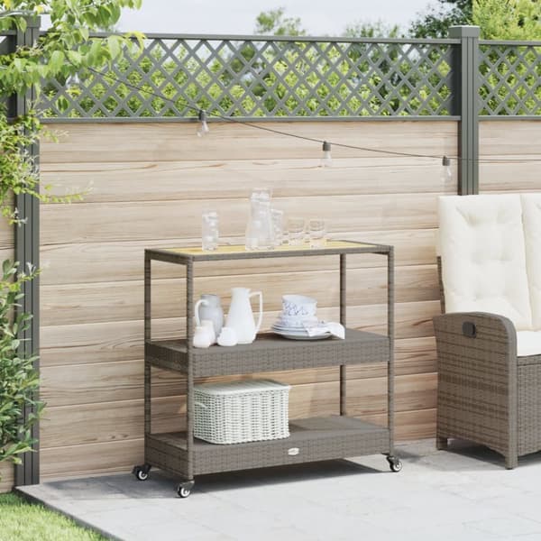 The Living Store barvogn med 3 hylder polyrattan og massivt akacietræ grå -  Køkken- og middagsvogne
