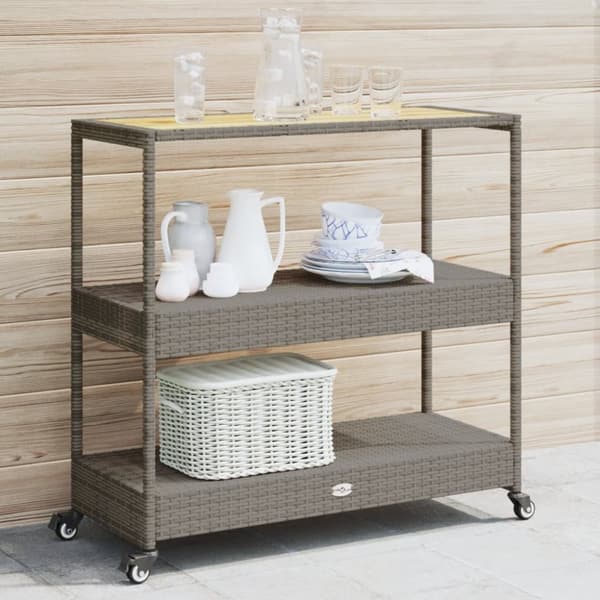 The Living Store barvogn med 3 hylder polyrattan og massivt akacietræ grå -  Køkken- og middagsvogne