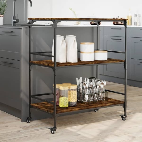 The Living Store Köksvagn rökfärgad ek 100,5x50x105 cm konstruerat trä -  Rullbord för kök