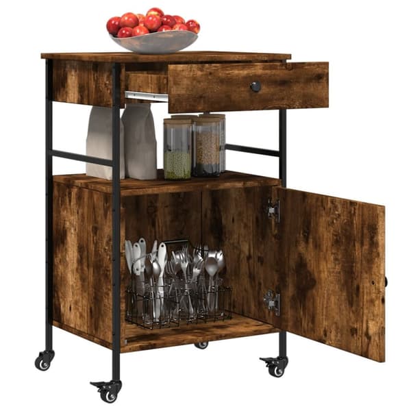 The Living Store Köksvagn rökfärgad ek 56x43x89,5 cm konstruerat trä -  Rullbord för kök