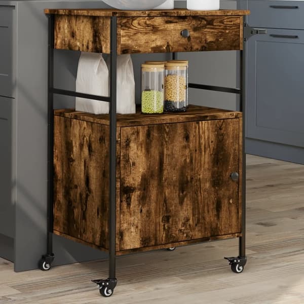 The Living Store Köksvagn rökfärgad ek 56x43x89,5 cm konstruerat trä -  Rullbord för kök