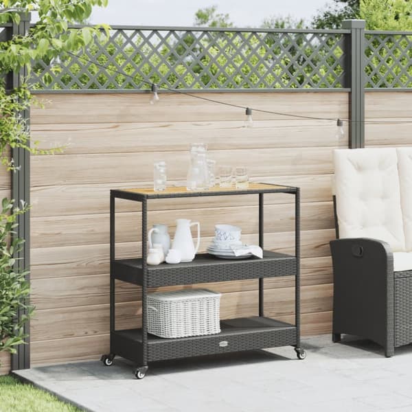 The Living Store barvogn med 3 hylder polyrattan og massivt akacietræ sort -  Køkken- og middagsvogne