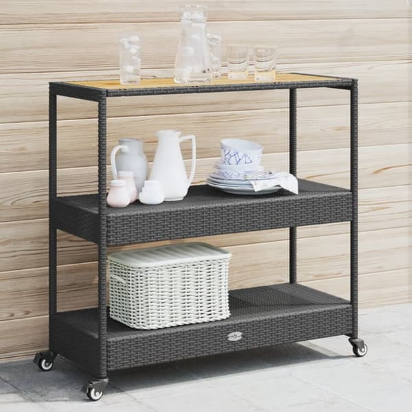 The Living Store barvogn med 3 hylder polyrattan og massivt akacietræ sort -  Køkken- og middagsvogne