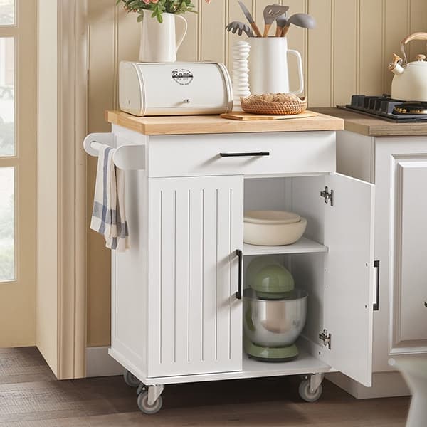Rootz Køkkenvogn - Serveringsvogn - Mobil køkkenø - Ridsefast gummitræ Top - Justerbare hylder - Nem mobilitet med låsbare hjul - 74,5 cm x 91 cm x 45