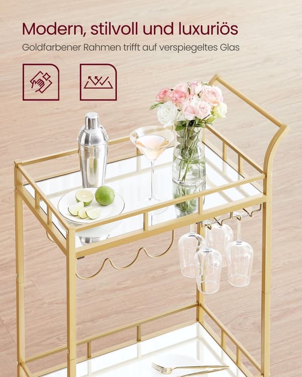 Rootz Gold Steel Spejlglasvogn - Barvogn - Serveringsvogn - Robust konstruktion - Rummelige hylder - Nem montering - 38cm x 60cm x 90cm