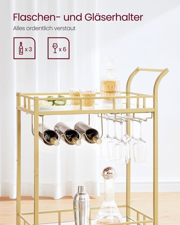 Rootz Gold Steel Spejlglasvogn - Barvogn - Serveringsvogn - Robust konstruktion - Rummelige hylder - Nem montering - 38cm x 60cm x 90cm