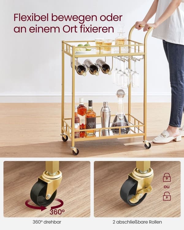 Rootz Gold Steel Spejlglasvogn - Barvogn - Serveringsvogn - Robust konstruktion - Rummelige hylder - Nem montering - 38cm x 60cm x 90cm