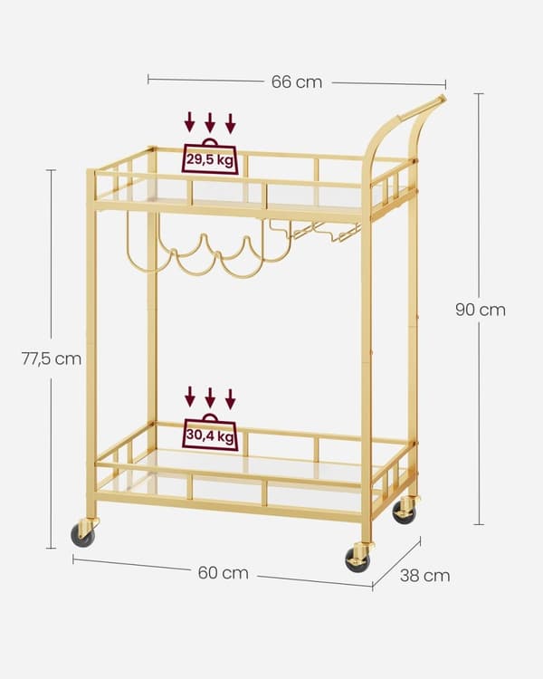 Rootz Gold Steel Spejlglasvogn - Barvogn - Serveringsvogn - Robust konstruktion - Rummelige hylder - Nem montering - 38cm x 60cm x 90cm