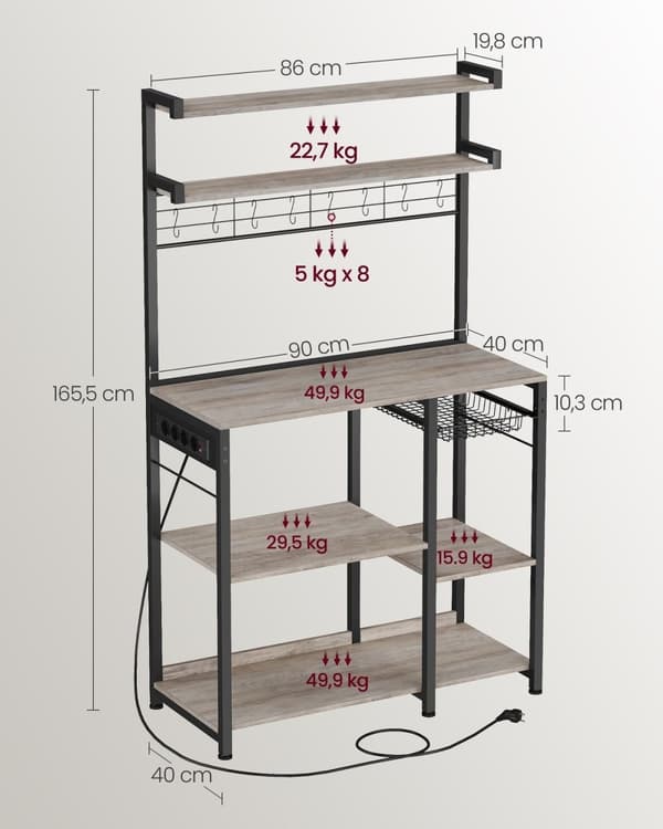 Rootz Cake Rack Organizer - Cupcake-stativ - Spånpladestål - Greige-farvet blæk sort - 40 cm x 90 cm x 165,5 cm - Heavy Duty - Nem montering - Pladsbe