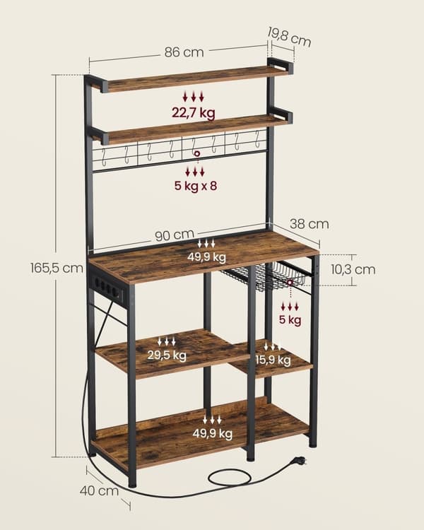 Rootz Vintage Ruskean musteen musta kakkuteline - Cupcake-teline - Lastulevy teräs - Suuri - Tukeva - Tilava - Helppo koota - 40 cm x 90 cm x 165,5 cm