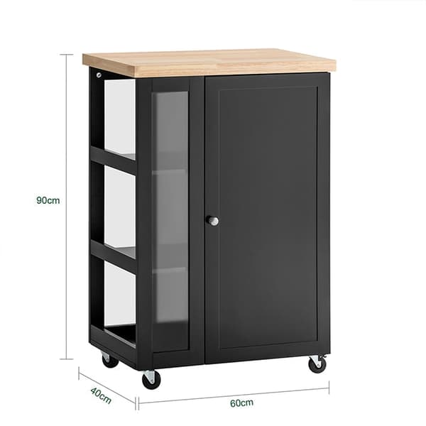 Rootz Køkkenvogn - Sidevogn - Serveringsvogn - Justerbare hylder - Mobil opbevaring - Låsbare hjul - Sort MDF og glas - 60cm x 90cm x 40cm