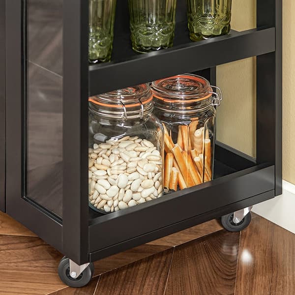 Rootz Køkkenvogn - Sidevogn - Serveringsvogn - Justerbare hylder - Mobil opbevaring - Låsbare hjul - Sort MDF og glas - 60cm x 90cm x 40cm