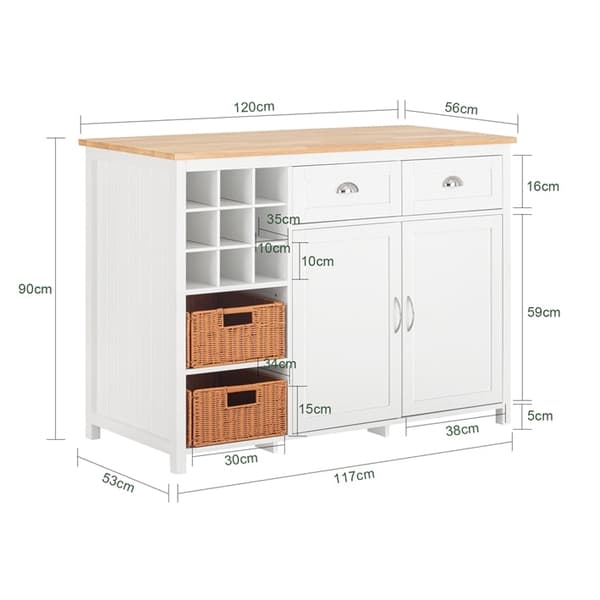 Rootz Kitchen Island - Barbord - Beverage Station - Förvaringsskåp - Rubberwood Top - 120cm x 90cm x 56cm
