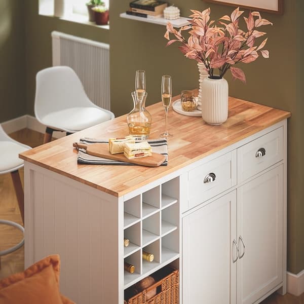 Rootz Kitchen Island - Barbord - Beverage Station - Förvaringsskåp - Rubberwood Top - 120cm x 90cm x 56cm