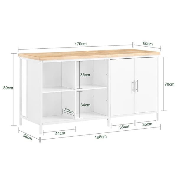 Rootz Kitchen Island -säilytyskaappi - Ruokabuffet - Esittelyteline - MDF - Metallikehys - Kumipuinen pöytälevy - 170cm x 89cm x 60cm