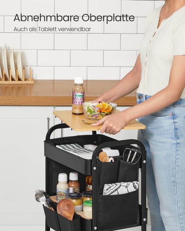 Rootz Steel Rolling Trolley - Ink Black Storage Cart - Metal Organizer - Heavy-Duty - 30,6 cm x 44,3 cm x 74,2 cm