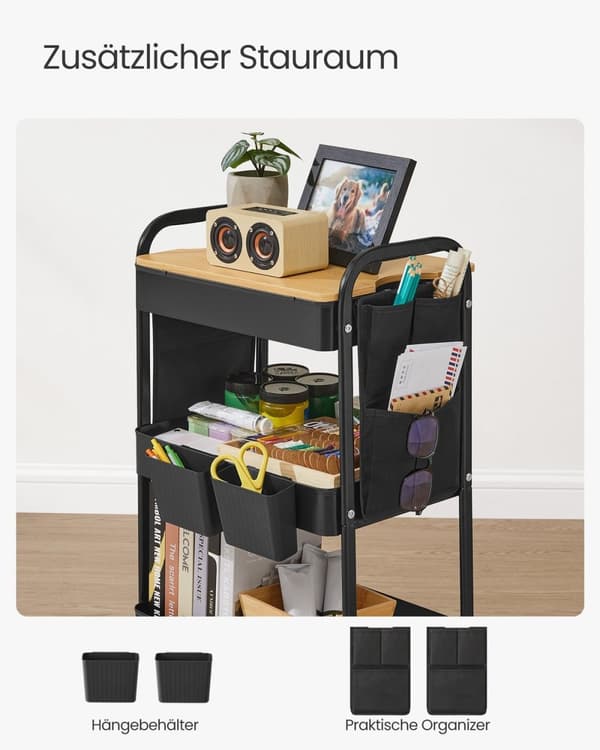 Rootz Steel Rolling Trolley - Ink Black Storage Cart - Metal Organizer - Heavy-Duty - 30,6 cm x 44,3 cm x 74,2 cm