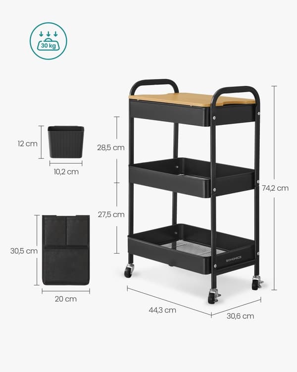 Rootz Steel Rolling Trolley - Ink Black Storage Cart - Metal Organizer - Heavy-Duty - 30,6 cm x 44,3 cm x 74,2 cm
