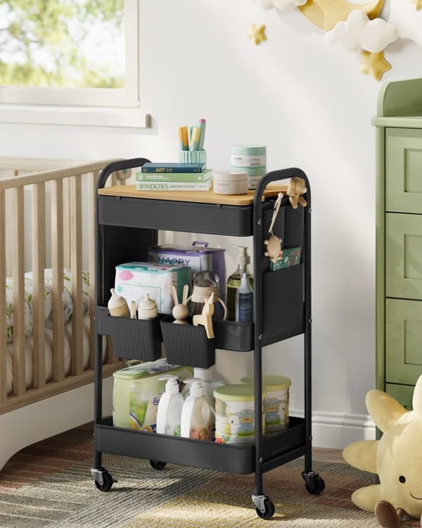Rootz Steel Rolling Trolley - Ink Black Storage Cart - Metal Organizer - Heavy-Duty - 30,6 cm x 44,3 cm x 74,2 cm