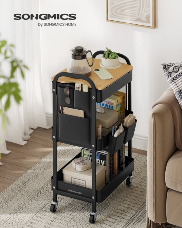 Rootz Steel Rolling Trolley - Ink Black Storage Cart - Metal Organizer - Heavy-Duty - 30,6 cm x 44,3 cm x 74,2 cm