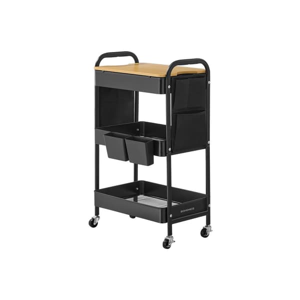 Rootz Steel Rolling Trolley - Ink Black Storage Cart - Metal Organizer - Heavy-Duty - 30,6 cm x 44,3 cm x 74,2 cm