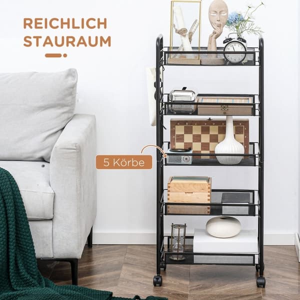 Rootz Servicevogn - Køkkenvogn - Rullende hjælpevogn - 5-lags opbevaringsstativ - Pladsbesparende - Stål og plastik - 45 cm x 26,5 cm x 106 cm
