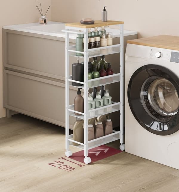 Rootz 5 Level Trolley - Rullevogn - Hjælpevogn - Spånplade og stål - 22cm x 45,4cm x 99,6cm - Eg hvid - 4,5kg - 25kg Kapacitet