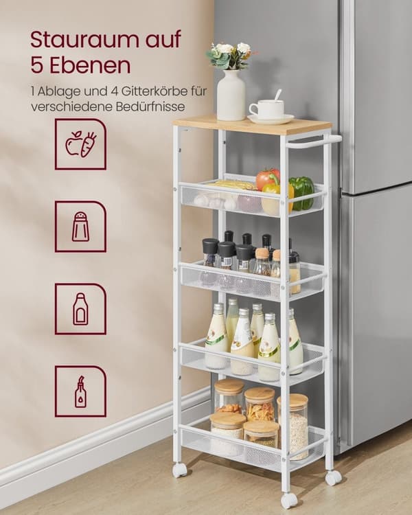 Rootz 5 Level Trolley - Rullevogn - Hjælpevogn - Spånplade og stål - 22cm x 45,4cm x 99,6cm - Eg hvid - 4,5kg - 25kg Kapacitet
