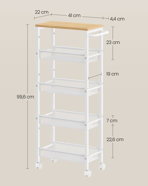Rootz 5 Level Trolley - Rullevogn - Hjælpevogn - Spånplade og stål - 22cm x 45,4cm x 99,6cm - Eg hvid - 4,5kg - 25kg Kapacitet