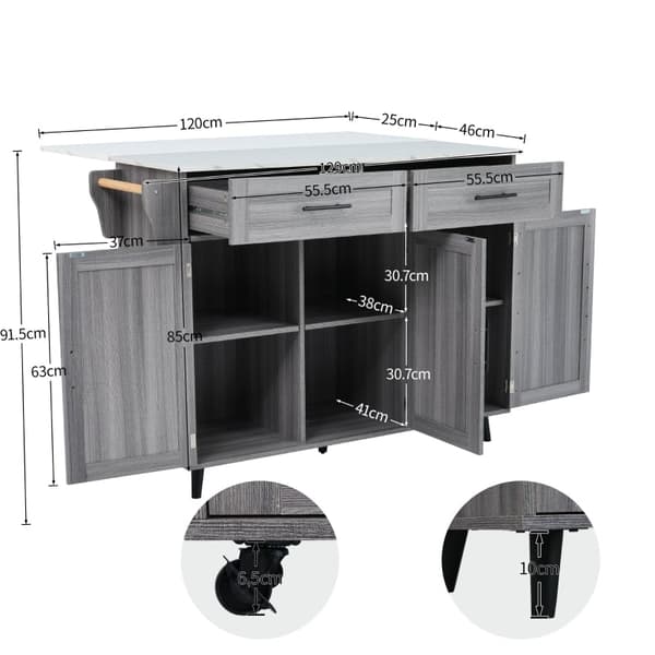 Rootz Køkkenvogn med sammenfoldelig bordplade - Rullevogn - Mobil køkkenø - Rigelig opbevaring - 129L x 71W x 91,5H cm