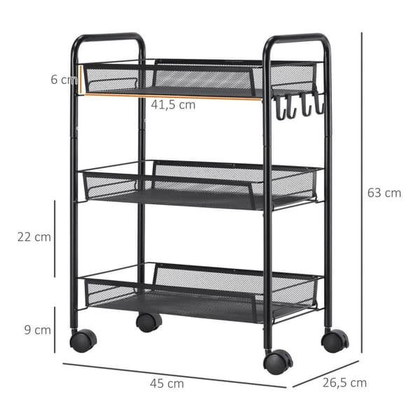 Rootz 3 -lags vogn med kurve - rullende vogn - opbevaringsvogn - kompakt opbevaring - 45 x 26,5 x 63 cm - Glat mobilitet