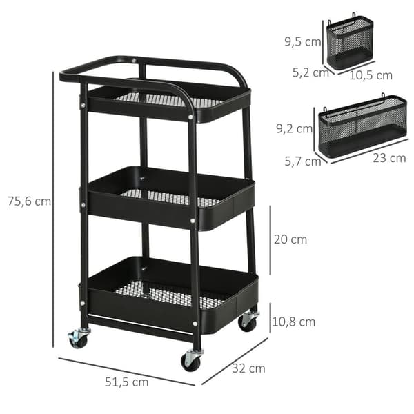 Rootz 3 -tason metalli tarjoiluvaunu - keittiön kärry - apuohjelmavaunu - 2 ruokailuvälineitä - 51,5L x 32W x 75,6H CM - Musta
