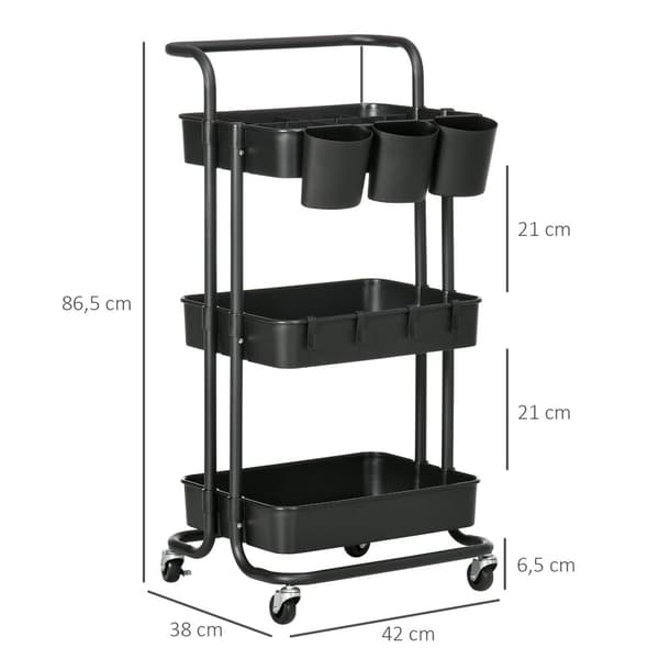 Rootz 3 Tier Trolley Storage Baskets - Arrangörsvagn - Mobil lagring - Kompakt design - 42 cm x 38 cm x 86,5 cm