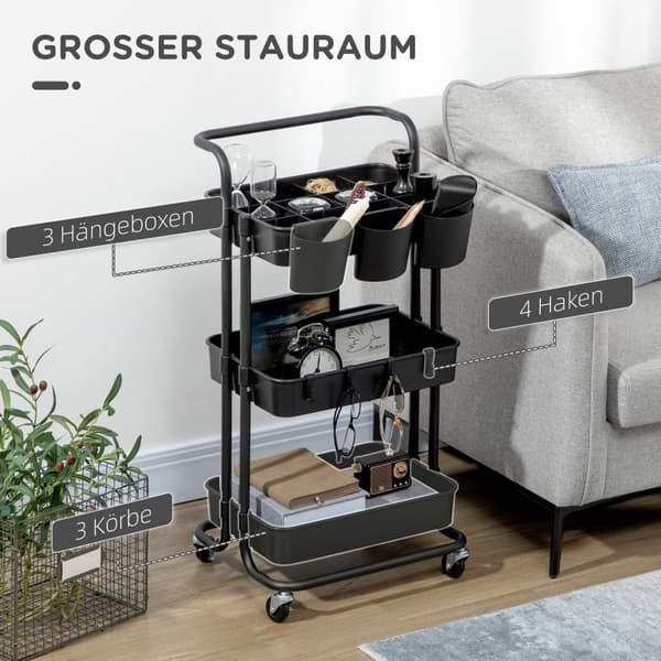 Rootz 3 Tier Trolley Storage Baskets - Arrangörsvagn - Mobil lagring - Kompakt design - 42 cm x 38 cm x 86,5 cm