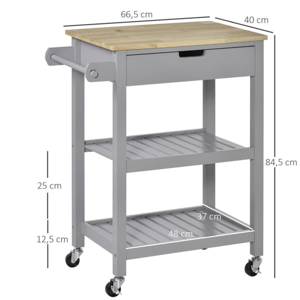 Rootz Kitchen Trolley - Servering Cart - Rolling Island - Extra förvaring - 66,5 cm x 40 cm x 84,5 cm - Gummiwood bänkskiva & hjul