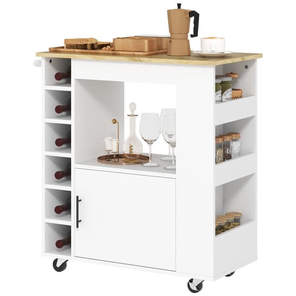 Rootz -keittiövaunu - Rolling Island - Kannettava kärry - Viinihyllyt ja säilytyspaikat - Rubberwood Top - 83L x 40W x 83H CM