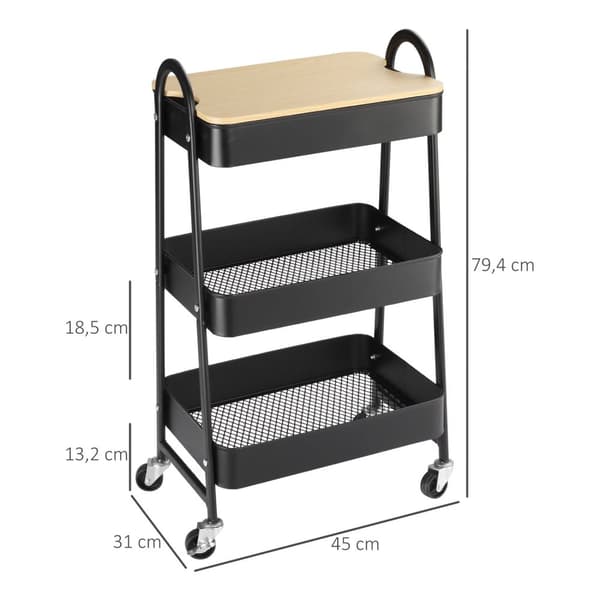Rootz Steel 3 -Tier Trolley - Rolling Storage Cart - Kitchen Organizer - Compact & Moveble - 45L X 31W X 79.4H CM