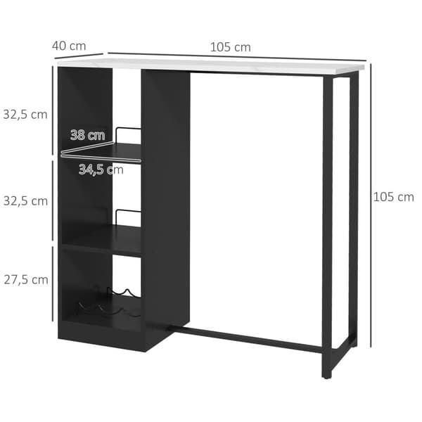 Rootz Bar High Table - Kitchen Table - Bar Table - Space Saving Design - 105 x 40 x 105 cm - White Marble Look Top, Black Steel Frame