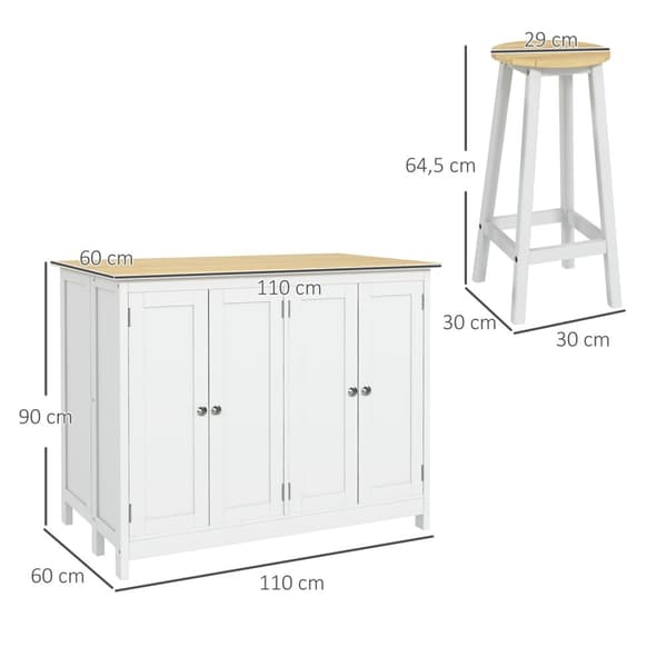 Rootz Kitchen Island Trolley Set - Kitchen Cart med 2 afføring - Udfoldelig arbejdsbræt - Rumbesparelse - 110 cm x 60 cm x 90 cm