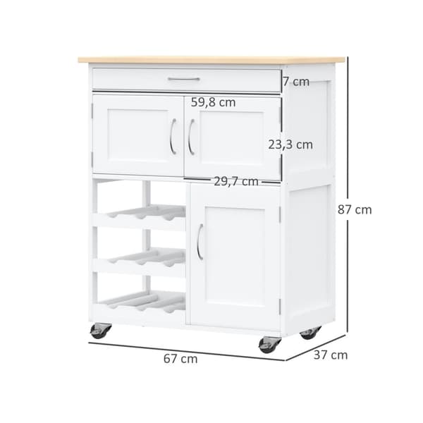 Rootz Kitchen Island - Mobile Kitchen Cart - Rolling Storage -kaappi - runsaasti säilytystilaa - 67 cm x 37cm x 87cm - valkoinen MDF, Rubberwood Top