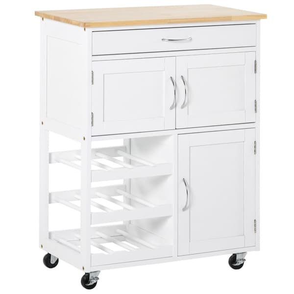 Rootz Kitchen Island - Mobile Kitchen Cart - Rolling Storage -kaappi - runsaasti säilytystilaa - 67 cm x 37cm x 87cm - valkoinen MDF, Rubberwood Top