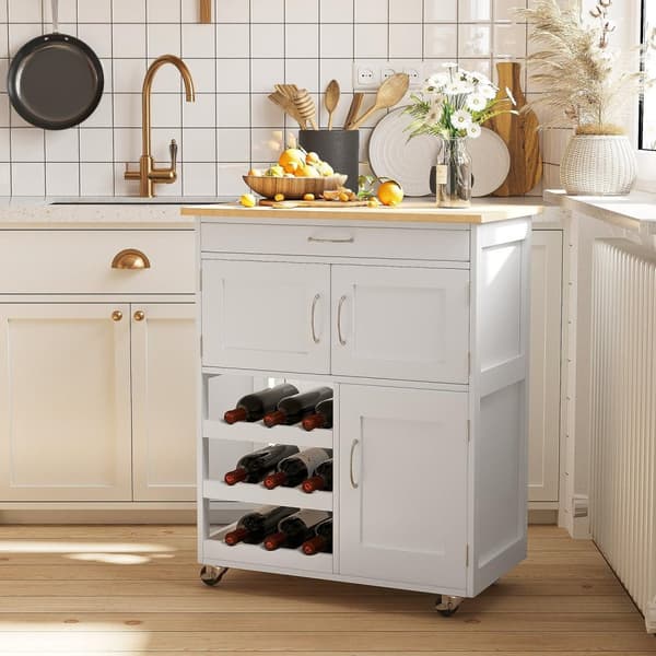 Rootz Kitchen Island - Mobile Kitchen Cart - Rolling Storage -kaappi - runsaasti säilytystilaa - 67 cm x 37cm x 87cm - valkoinen MDF, Rubberwood Top