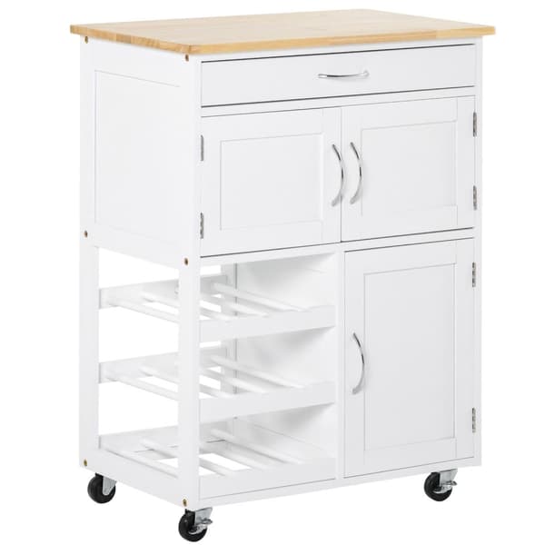Rootz Kitchen Island - Mobile Kitchen Cart - Rolling Storage -kaappi - runsaasti säilytystilaa - 67 cm x 37cm x 87cm - valkoinen MDF, Rubberwood Top