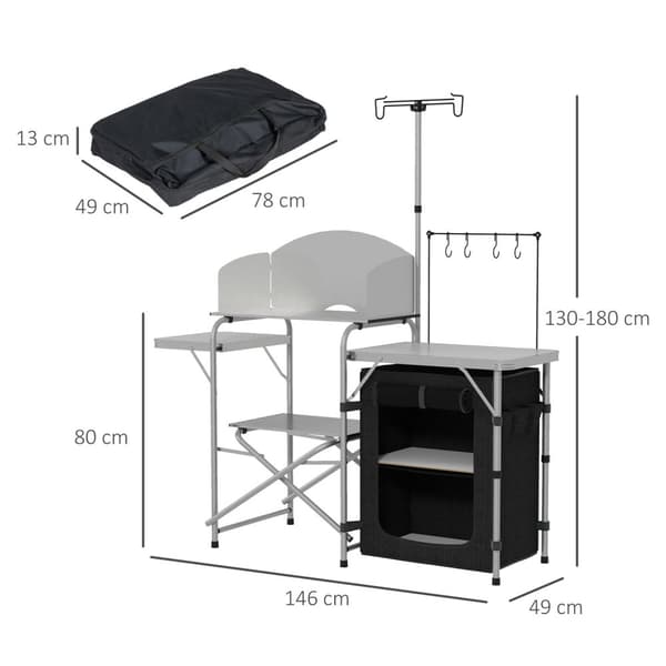 Rootz Portable Camping Kitchen - Outdoor Cooking Table - Folding Kitchen Unit - Organiserad förvaring - 146 cm x 49 cm x 130-180 cm