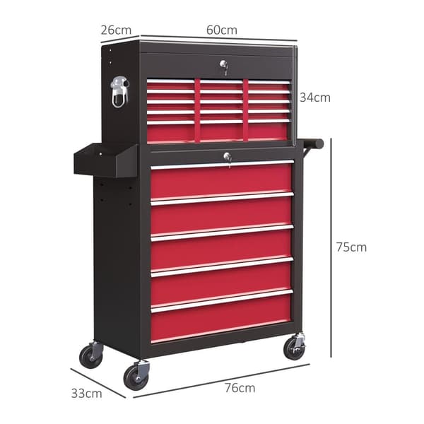 Rootz Tool Trolley - Workshop Trolley - Mobil Tool Chest - Låselige skuffer - Rødt stål - 14 skuffer - 60x26x34cm & 76x33x75cm