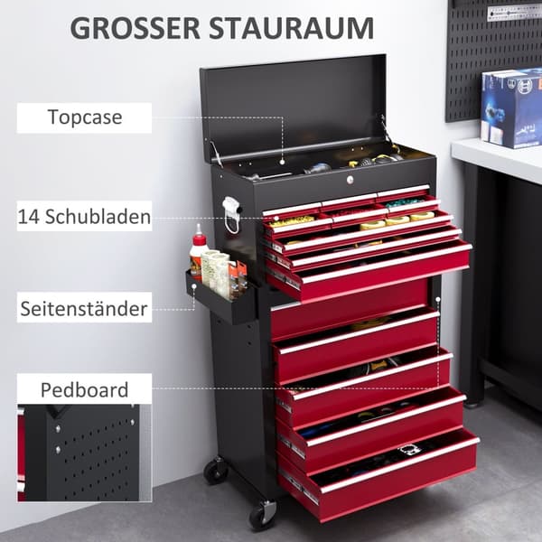 Rootz Tool Trolley - Workshop Trolley - Mobil Tool Chest - Låselige skuffer - Rødt stål - 14 skuffer - 60x26x34cm & 76x33x75cm