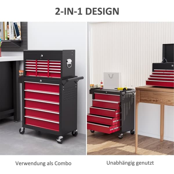 Rootz Tool Trolley - Workshop Trolley - Mobil Tool Chest - Låselige skuffer - Rødt stål - 14 skuffer - 60x26x34cm & 76x33x75cm